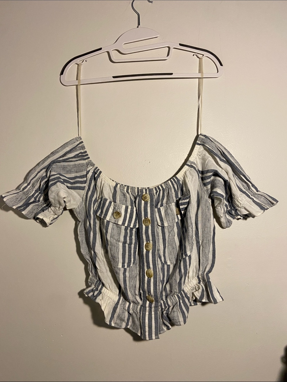 American Eagle Outfitters Blue and White Striped Off-Shoulder Button Top